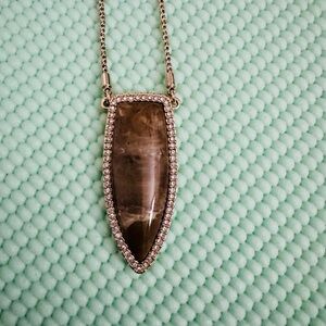 White House BM Stone Pendant Necklace Gold Tone Chain Pavé Crystal Border